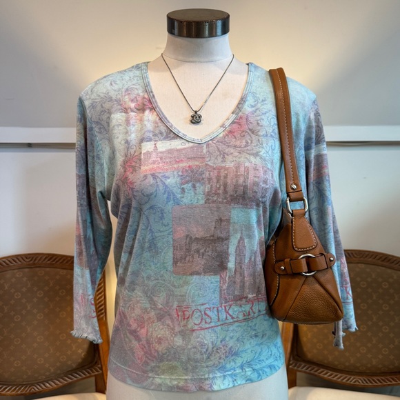 ONE WORLD Tops - Vintage 90s Y2K Boho Fairy Grunge Top with 3/4 Sleeves, Cotton-Blend